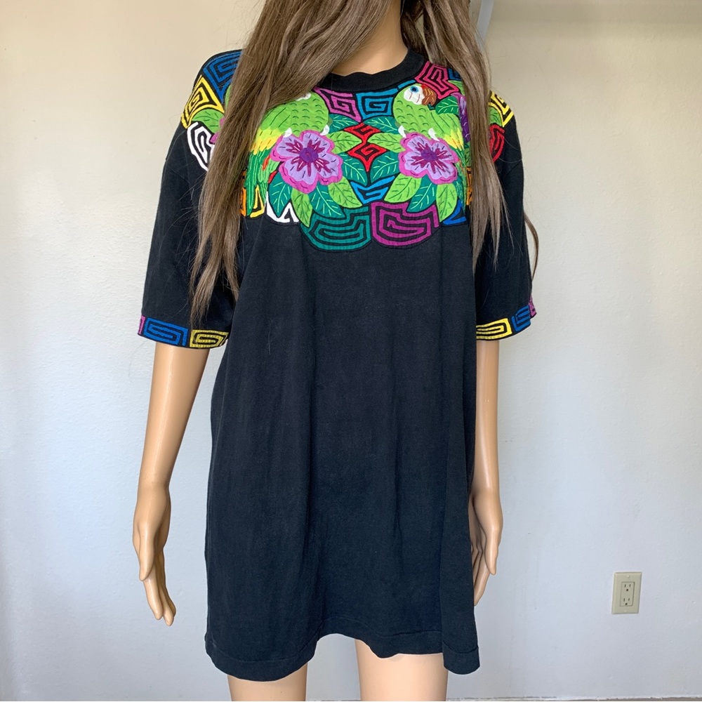 1980s Black Cotton Central American Floral TShirt Vintage Designer Oversized Tee